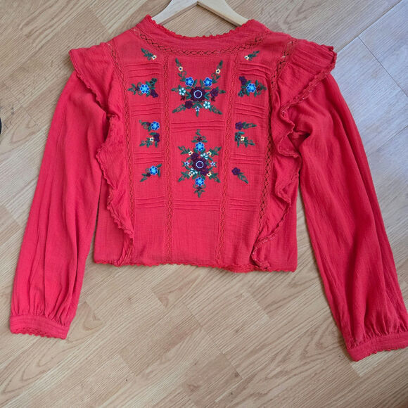 Free People Women Embroidered Ruffle Boho Top S Red Peasant Boho Prairie Western - Picture 1 of 9